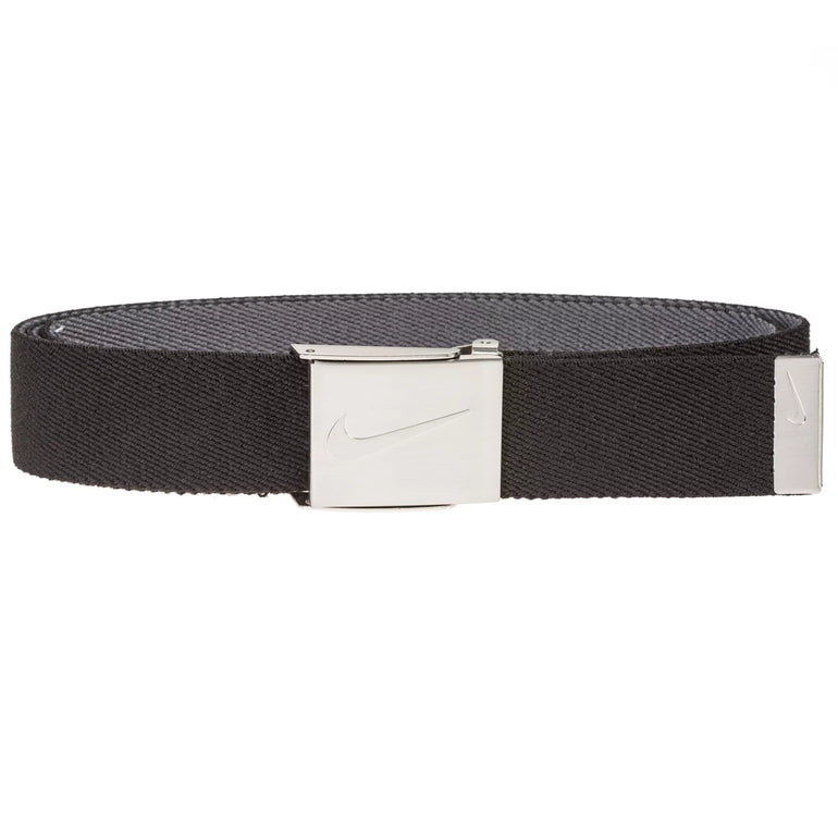 Black Nike web belt with silver buckle on a white background