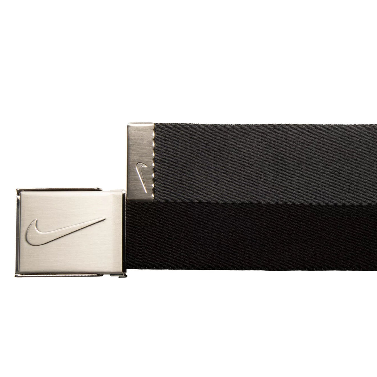 Black belt with silver Nike buckle on a white background
