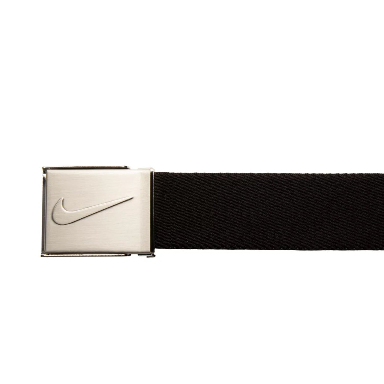 Black belt with silver Nike buckle on a white background