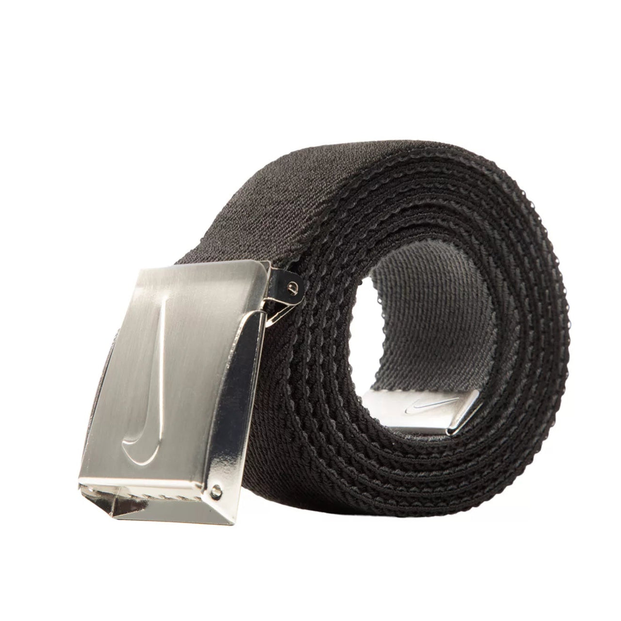 Black Nike belt with a silver buckle on a white background