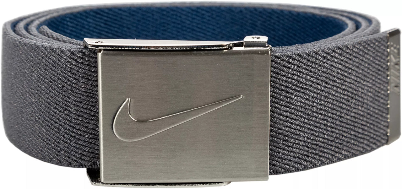 Gray belt with Nike logo buckle on a white background