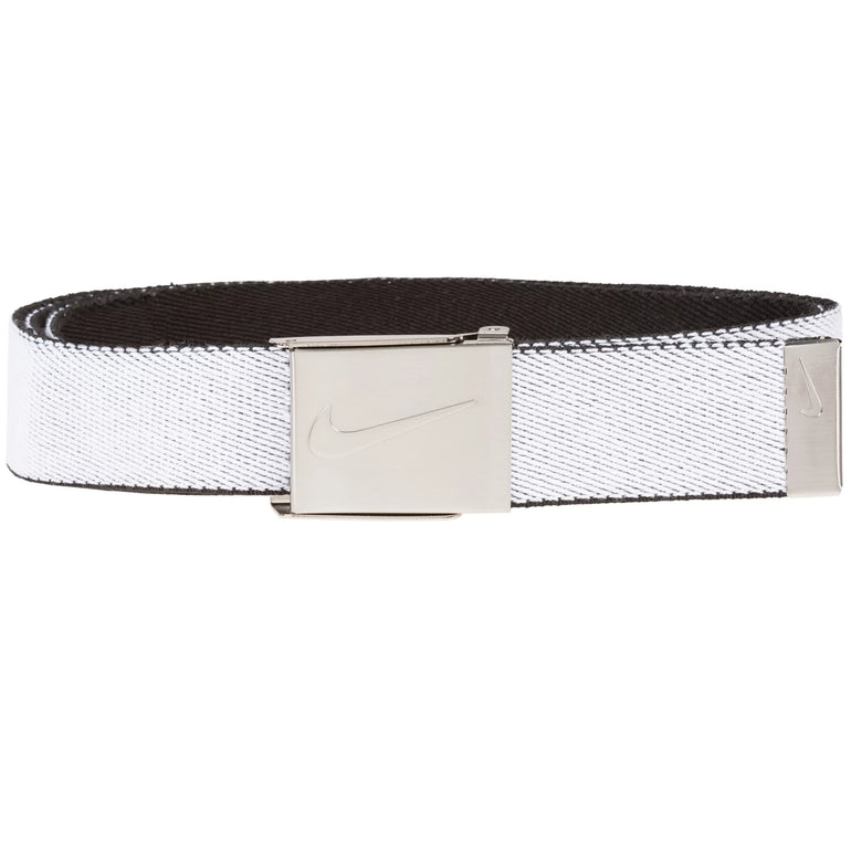 White Nike belt with a silver buckle on a white background