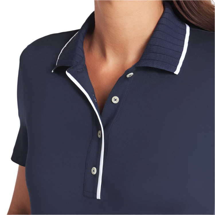 Navy blue polo shirt with white trim on a plain background
