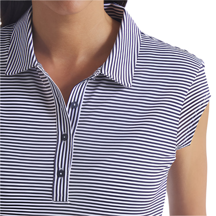 Close-up of a person wearing a navy and white striped polo shirt.