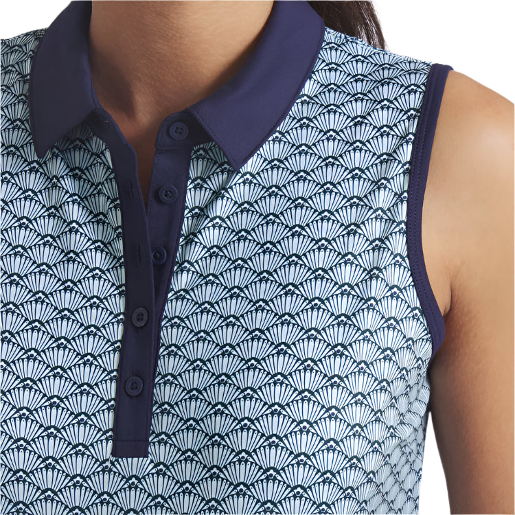 Sleeveless top with blue geometric pattern and navy collar