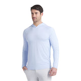 Man wearing a light blue long-sleeve shirt on a white background