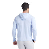 Man wearing a light blue hoodie on a white background