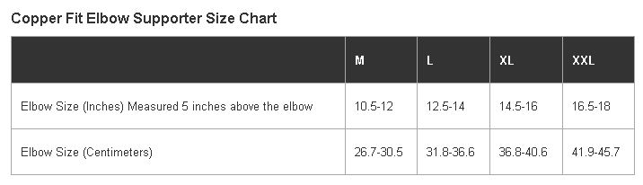 Copper Fit Size Chart Elbow